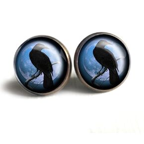 Crow Or Raven Silhouette On Purple Moon Stud Earrings