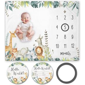 Safari Baby Milestone Blanket with Birth Stat Sign, Jungle Animals Baby Growth Chart Monthly Blanket, Watch Me Grow Safari Animals Baby Nursery for New Moms Baby Shower(50"x40")
