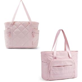 BAGSMART Tote Bag for Women, Large Tote Bag with Zipper, Quilted Puffer Bag Gym Bag Top Handle Handbag for Travel Work, Pink
