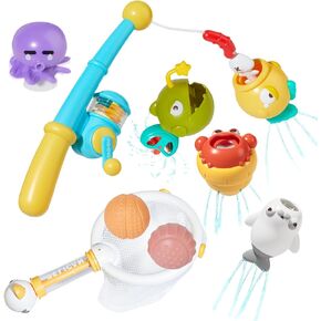 Bath Toys for Kids Ages 1-3 - Magnetic Fishing Toy with Fishing Rod, Spinning Octopus & 2 Balls, Fishing net and Storage Bag, Fishing Game Floating Pool Bathtub Water Toys