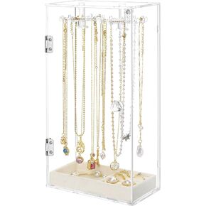 Necklace Holder Organizer,Dustproof Acrylic Jewelry Organizer,24 Hooks Necklace Organizer Storages for Pendant Bracelets Storage Display Stand,Jewelry Boxes with Velvet Jewelry Tray for Earrings Rings