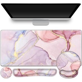 Gaming Mouse Pad, Large Desk Mat, Cute Desk Pad, 4in1 XXL Mousepad + Keyboard Wrist Rest+Mouse Wrist Rest+Coaster Set with Ergonomic Desk Pad for Home Office Table Computer, Purple Anime Neon