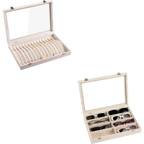 Frebeauty 15 Hooks Necklace Tray,Velvet Sunglass Organizer with Clear Lid Lockable Jewelry Organizer for Women Girls(Beige)