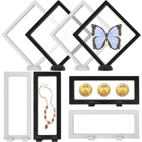 8 Pcs 3D Floating Display Case, Floating Frames with Stands, Challenge Coin Display Holders with Bases, Transparent Jewelry Storage Boxes with PET Films for AA Medallion, Fossils, Rocks, Stamps