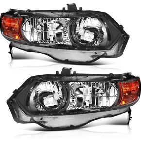 LSAILON Headlight Assembly Replacement Fit 2006-2011 For Honda Civic 2 Door Coupe Black Housing Amber Reflector Clear Lens