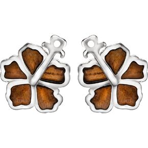 925 Sterling Silver Koa Wood Hawaiian Hibiscus Flower Stud Earrings, Nickel Free Hypoallergenic for Sensitive Skin, Rhodium Finished, Gift Box Included