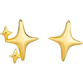 BG&WLing 14K Gold Plated Sterling Silver Post Star Earrings Small Star Stud Earrings Asymmetric Cute Tiny Earrings for Women Teen Girls