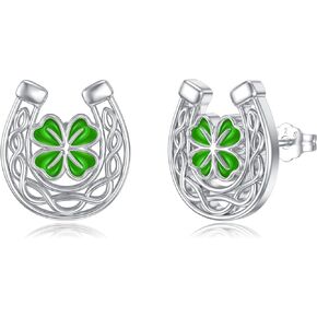 Horseshoe Earrings S925 Sterling Silver Clover/Double Horseshoe Stud Earrings for Sensitive Ears Horse Shoe Jewelry for Women Girls Horse Lover Kids St Patricks Christmas Mother's Day Gifts