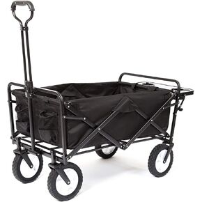 MacSports Collapsible Outdoor Utility Wagon with Folding Table and Drink Holders, Black