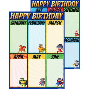Superhero Animals Birthday Charts- Laminated 14x19.5in. - Superheroes Classroom Posters and Decorations, Back to School Supplies, Teachers’ Posters for Preschool, Kindergarten, Elementary Classes