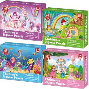 4 Packs 100Pcs Puzzles for Kids Ages 4-6 Jigsaw Puzzles for Toddlers 3-5 Unicorn Princess Animals Mermaid Fairy Toys for Children 6-8 Years Unicorn Puzzle Gift Educational Game for Boys & Girls