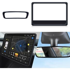 2Pcs Silicone Protector Frames of Screen and Rear View Mirror for Tesla Model 3/Y, Widening Screen Trim Rear View Mirror Edge Protect Frame Shatter Proof Interior Decor Protector (A Black)