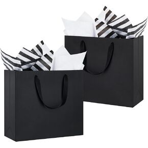 Ohuimrt 12 PCS 12 Pack 16" Extra Large Gift Bags with Tissue Paper, Black Kraft Paper Gift Bags with Ribbon Handles for Holiday Shopping Retail Merchandise Business, 16 x 6 x 12 Inches