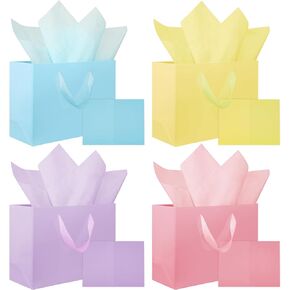 4 Pack Pastel Gift Bags Large Gift Wrap Bags with Tissue Paper 10 x 13 Pastel Rainbow Paper Birthday Party Gift Bags with Ribbon Handles for Girls Birthday Baby Shower Wedding Christmas Gift Warps