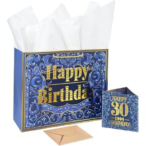 Gcardist 100th Birthday Gift Bag with Tissue Paper ＆ 100th Birthday Card -Royal Blue, 13"x5"x10" Large Size Present Gift Bags for Men and Women Birthday Birthday Parties（Envelope Includes）