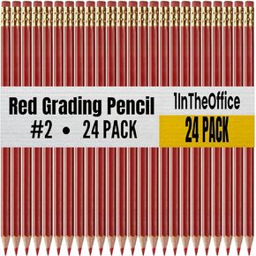 1InTheOffice Red Grading Pencils #2 Lead, Red Pre Sharpened Checking Pencils With Erser 24 Pack