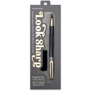 Look Sharp Always Sharp Pen•cil - Compressed graphite tip equals 100 pencils - Gray metal barrel + cap + eraser