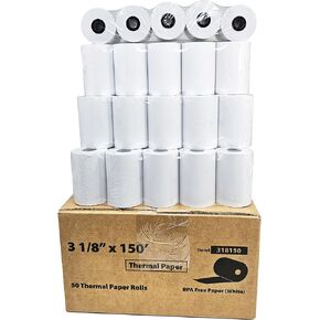 (50 Rolls - 48 GSM) 3 1/8 x 150 Thermal Paper Receipt Rolls (Actual Length 140-170 feet) fits all Clover POS Cash Register Printers, Star Micronics SCP700 TSP100 TSP300 TSP400