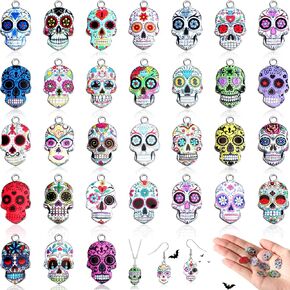 Hicarer 62 Pcs Sugar Skull Charms for Jewelry Making Flower Enamel Halloween Skull Charms 31 Color Alloy Candy Skull Pendant Day of the Dead Charms for DIY Necklaces Bracelets Earring Jewelry