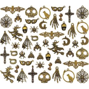 JIALEEY Halloween Charms, Halloween Decorations Charms Pendants DIY for Necklace Bracelet Jewelry Making and Crafting, 51 PCS Antique Bronze