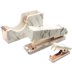 Marble Print Rose Gold Stapler Staples Remover Tape Dispenser Holder Set Office Desk Executive Manual Stationery Gift Kit for Desktop Accessories Supplies (Marble Print Rose Gold Tone)