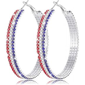 4th of July Earrings Sparkle Rhinestone Hoop Earrings Patriotic Red White and Blue Earrings Glitter Crystal Stainless Steel Hoop Earring for Women American Flag Jewelry Gift