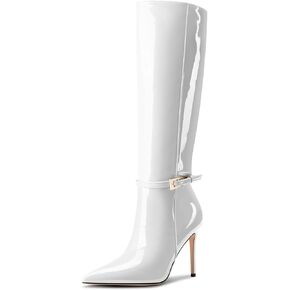Aachcol Knee High Boots for Women Pointed Toe Stiletto High Heel Tall Boots Pull on Buckle Belt Sexy Long Boots Patent Leather Fall Winter Boots