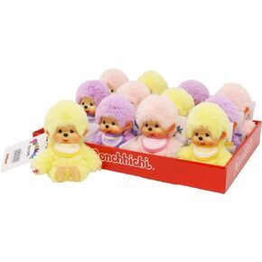 Sekiguchi 201495-Monchhichi Original, Assorted Yellow, Purple and Pink, Plush Animal Approximately 15 cm, 201495 (1 Count)