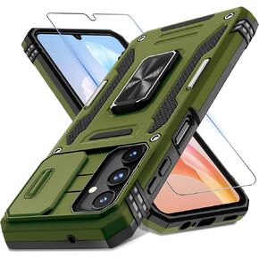 DEERLAMN for Samsung Galaxy A15 5G Case with Slide Camera Cover+Screen Protector (1 Pack), Rotated Ring Kickstand Military Grade Shockproof Protective Cover-Olive Green