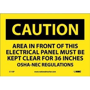 NMC C115P OSHA Sign, "CAUTION AREA IN FRONT OF THIS ELECTRICAL PANEL MUST BE KEPT CLEAR FOR 36 INCHES OSHA-NEC REGULATIONS", 10" Width x 7" Height, Pressure Sensitive Vinyl, Black On Yellow, 7 x 10