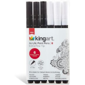 KINGART 453-6A PRO Extra Fine Pt. Black & White Paint Pens, 0.7mm Tip, 6 Acrylic Paint Markers, Low-Odor & Quick Drying for Rock, Wood, Metal, Plastic, Glass, Ceramic & More, Set of 6