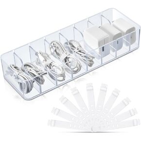 Tatuo 2 Pcs Plastic Charger Cord Organizer Box, Cord Storage Organizer Box, Electronics Cable Organizer Box Cable Storage Box with Wire Ties for Home Drawer Office Desk Organizers Accessories (Clear)