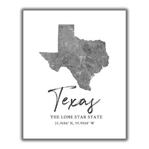 Texas State Map Wall Art Print - 8x10 Silhouette Decor Print with Coordinates. Makes a Great Lone Star State-Themed Gift. Shades of Grey, Black & White.