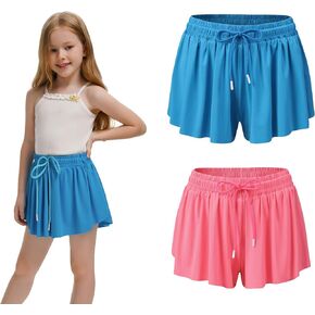 2 Pack Girls Athletic Flowy Shorts with Pockets Butterfly Running Active Workout Sports Elastic Waist Skorts for Kids