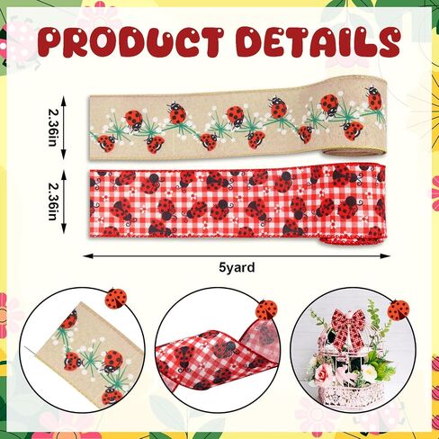 ABTOLS 2 Roll 10 Yards Ladybug Ribbons, 2.5" Black White Buffalo Plaid Wired Edge Burlap Ribbon Floral Ladybird Ribbon for Spring Party Decor Gift DIY Crafts Wreaths Bow in Saudi Arabia