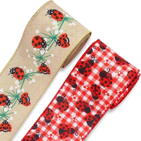 ABTOLS 2 Roll 10 Yards Ladybug Ribbons, 2.5" Black White Buffalo Plaid Wired Edge Burlap Ribbon Floral Ladybird Ribbon for Spring Party Decor Gift DIY Crafts Wreaths Bow in Saudi Arabia