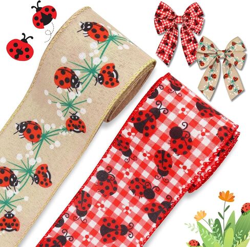 ABTOLS 2 Roll 10 Yards Ladybug Ribbons, 2.5" Black White Buffalo Plaid Wired Edge Burlap Ribbon Floral Ladybird Ribbon for Spring Party Decor Gift DIY Crafts Wreaths Bow in Saudi Arabia