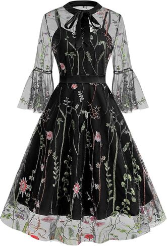 Women's 1950s Vintage Floral Embroidery Dress Illusion 50s Goth Flared Swing Dress Cocktail Party Wedding Dress in Saudi Arabia