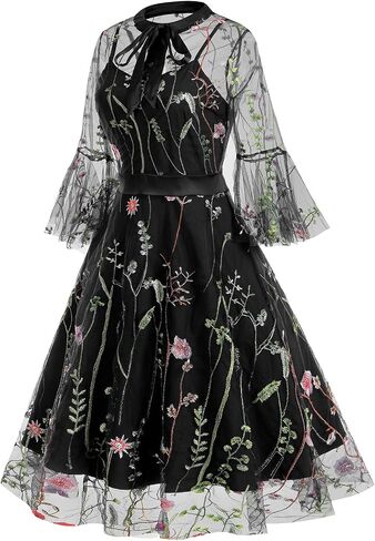 Women's 1950s Vintage Floral Embroidery Dress Illusion 50s Goth Flared Swing Dress Cocktail Party Wedding Dress in Saudi Arabia