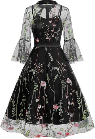 Women's 1950s Vintage Floral Embroidery Dress Illusion 50s Goth Flared Swing Dress Cocktail Party Wedding Dress in Saudi Arabia