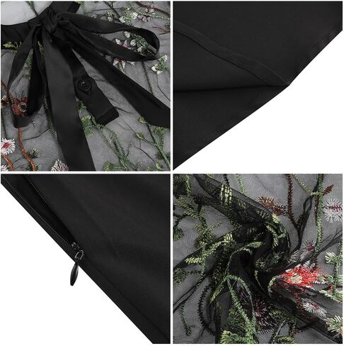 Women's 1950s Vintage Floral Embroidery Dress Illusion 50s Goth Flared Swing Dress Cocktail Party Wedding Dress in Saudi Arabia
