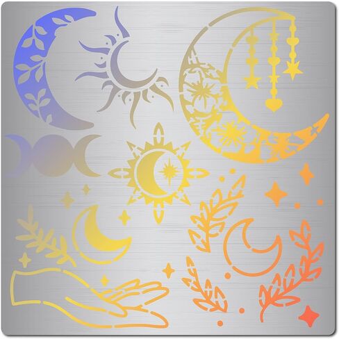 GORGECRAFT 16cm Metal Moon Stencil Moon Phase Templates Sun Hand Branch Leaves Pattern Reusable Stainless Steel Painting Stencils for Wood Burning Engraving Pyrography Wall Canvas Furniture Art Crafts in Saudi Arabia