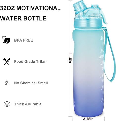 زجاجات مياه تحفيزية من BOTTLE BOTTLE مع علامة زمنية - زجاجة مياه رياضية سعة 32 أونصة مع رذاذ رذاذ مانع للتسرب وزجاجة مياه للشرب للمكتب وصالة الألعاب الرياضية والجري وركوب الدراجات والتمارين الرياضية الخارجية (أخضر أزرق) in Kuwait