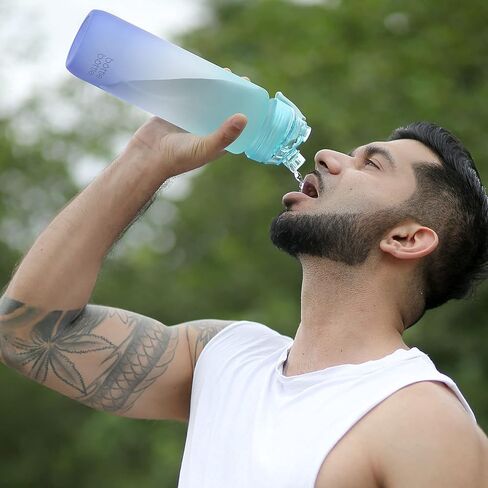 زجاجات مياه تحفيزية من BOTTLE BOTTLE مع علامة زمنية - زجاجة مياه رياضية سعة 32 أونصة مع رذاذ رذاذ مانع للتسرب وزجاجة مياه للشرب للمكتب وصالة الألعاب الرياضية والجري وركوب الدراجات والتمارين الرياضية الخارجية (أخضر أزرق) in Kuwait