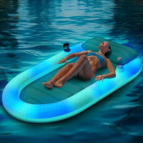 Inflatable Tanning Pool, Pool Lounger Floats with Colorful Lights/Cup Holder/Pillow, Large Mermaid Suntan Tub Inflatable Pool Raft Bed for Adult Family Pool Garden Beach Summer Water Party in Saudi Arabia