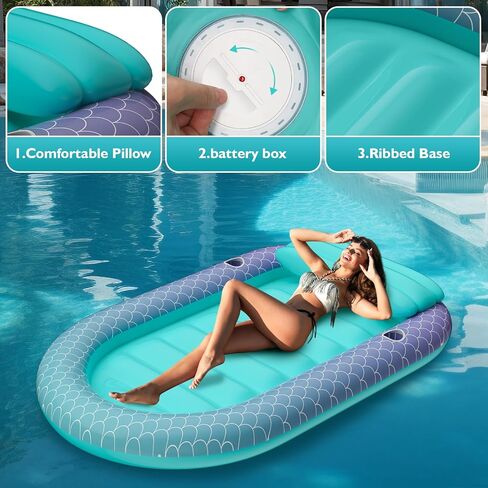 Inflatable Tanning Pool, Pool Lounger Floats with Colorful Lights/Cup Holder/Pillow, Large Mermaid Suntan Tub Inflatable Pool Raft Bed for Adult Family Pool Garden Beach Summer Water Party in Saudi Arabia