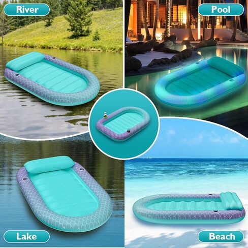 Inflatable Tanning Pool, Pool Lounger Floats with Colorful Lights/Cup Holder/Pillow, Large Mermaid Suntan Tub Inflatable Pool Raft Bed for Adult Family Pool Garden Beach Summer Water Party in Saudi Arabia
