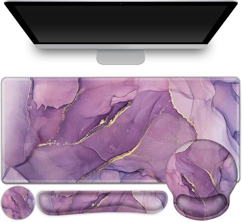 Gaming Mouse Pad Large Desk Mat, Cute Purple Marble Rose Desk Pad Protector | 4in1 XXL Mousepad + Keyboard Wrist Rest+Mouse Wrist Rest+Coaster Set with Ergonomic Desk Pad for Home Office PC,Flowers in Kuwait