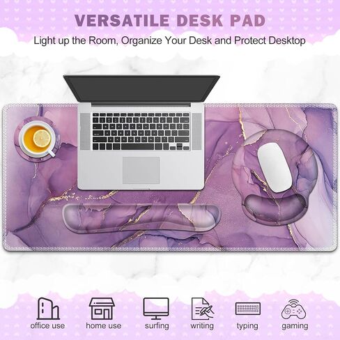 Gaming Mouse Pad Large Desk Mat, Cute Purple Marble Rose Desk Pad Protector | 4in1 XXL Mousepad + Keyboard Wrist Rest+Mouse Wrist Rest+Coaster Set with Ergonomic Desk Pad for Home Office PC,Flowers in Kuwait