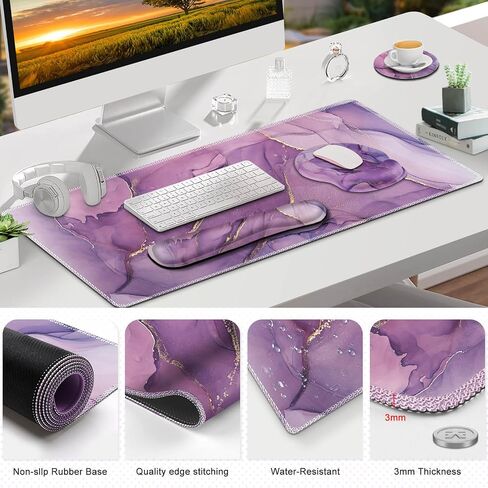 Gaming Mouse Pad Large Desk Mat, Cute Purple Marble Rose Desk Pad Protector | 4in1 XXL Mousepad + Keyboard Wrist Rest+Mouse Wrist Rest+Coaster Set with Ergonomic Desk Pad for Home Office PC,Flowers in Kuwait